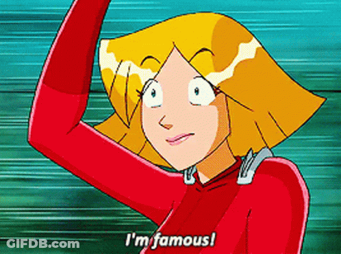 A Cartoon Character Says " I 'M Famous " With Her Hand On Her Head GIF