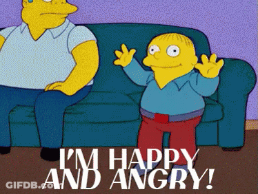 A Cartoon Character Says I 'M Happy And Angry While Sitting On A Couch GIF