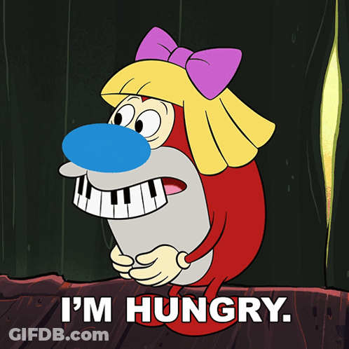 A Cartoon Character Says " I 'M Hungry " In Front Of A Piano GIF