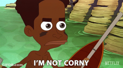 A Cartoon Character Says I 'M Not Corny While Holding A Paddle GIF