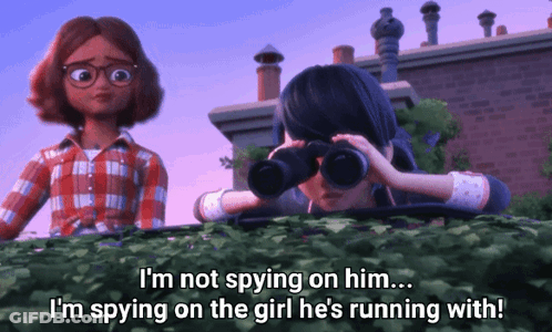 A Cartoon Character Says I 'M Not Spying On Him While Another Character Looks Through Binoculars GIF