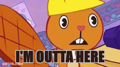 A Cartoon Character Says I 'M Outta Here In Black Letters GIF