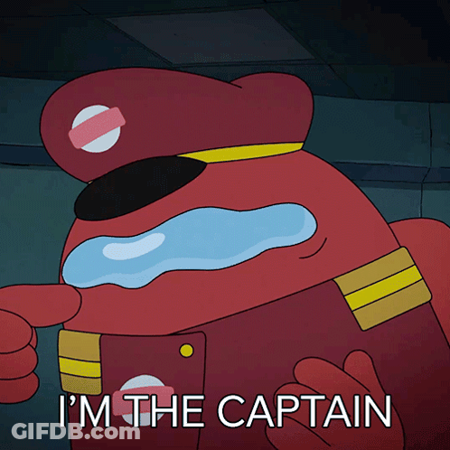 A Cartoon Character Says " I 'M The Captain " While Wearing A Red Hat GIF