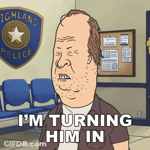 A Cartoon Character Says I 'M Turning Him In In Front Of A Highland Police Sign GIF