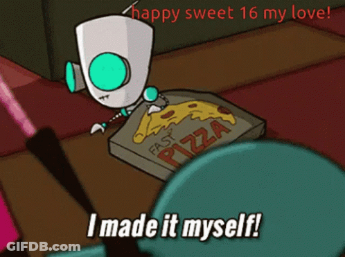 A Cartoon Character Says " I Made It Myself " In Front Of A Box Of Pizza GIF