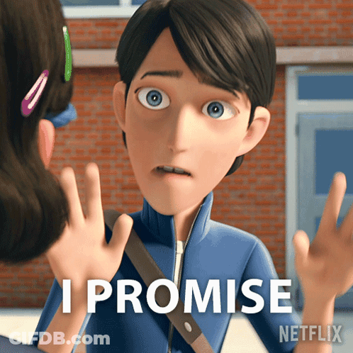 A Cartoon Character Says " I Promise " In Front Of A Brick Wall GIF