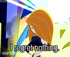 A Cartoon Character Says " I Regret Nothing " In White Letters GIF