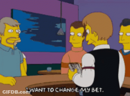 A Cartoon Character Says I Want To Change My Bet In Front Of A Group Of Men GIF