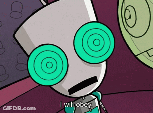 A Cartoon Character Says " I Will Obey " In Front Of A Purple Background GIF