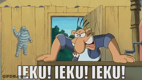 A Cartoon Character Says " Ieku ! Ieku ! Ieku ! " In Front Of A Door GIF