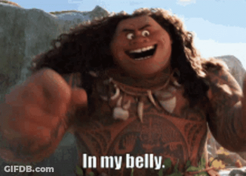 A Cartoon Character Says " In My Belly " In Front Of Some Rocks GIF