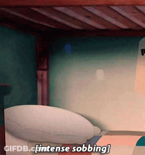 A Cartoon Character Says " Intense Sobbing " In Front Of A Bed GIF