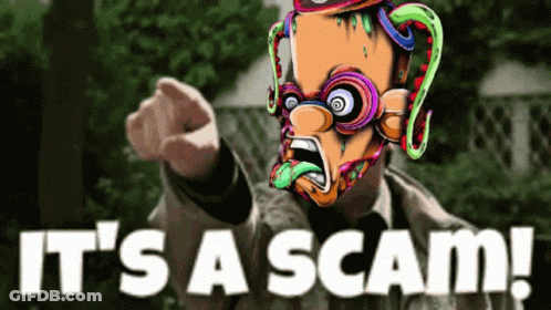 A Cartoon Character Says It 'S A Scam With His Fist In The Air GIF