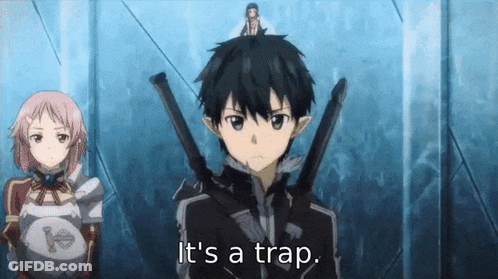 A Cartoon Character Says It 'S A Trap While Holding Two Swords GIF