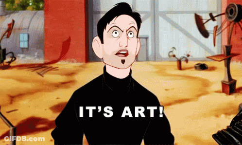 A Cartoon Character Says It 'S Art In Front Of A Red Wall GIF
