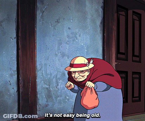 A Cartoon Character Says It 'S Not Easy Being Old While Holding A Bag GIF