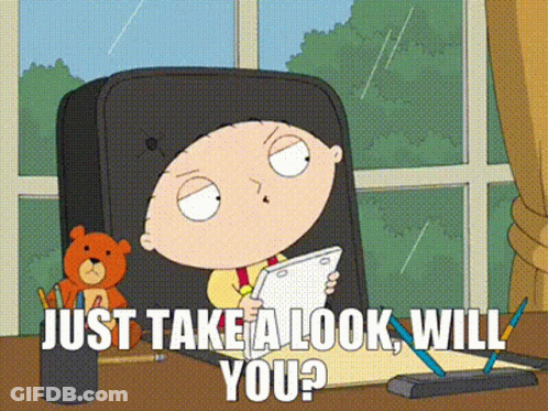 A Cartoon Character Says Just Take A Look Will You While Holding A Tablet GIF