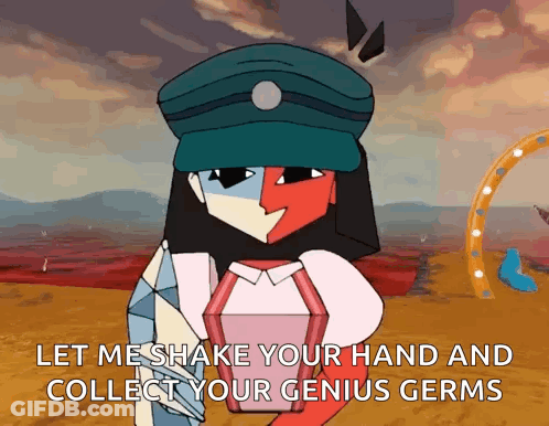A Cartoon Character Says Let Me Shake Your Hand And Collect Your Genius Germs . GIF