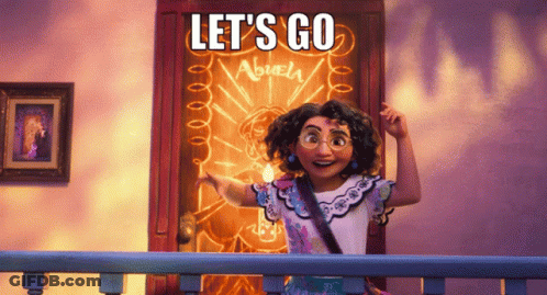 A Cartoon Character Says Let 'S Go In Front Of A Sign That Says Abrela GIF