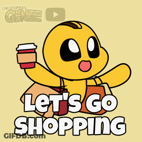 A Cartoon Character Says Let 'S Go Shopping And Holds A Coffee Cup GIF