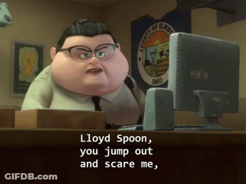 A Cartoon Character Says Lloyd Spoon You Jump Out And Scare Me In Front Of A Computer Monitor GIF