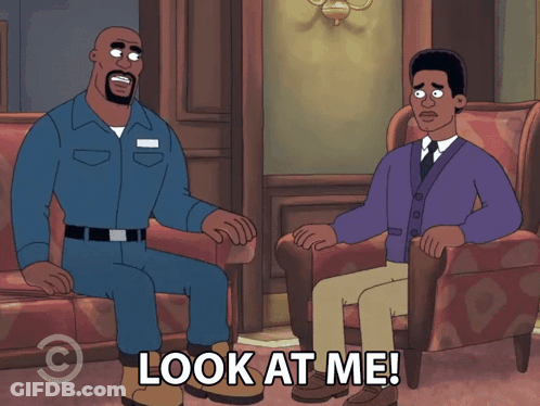 A Cartoon Character Says Look At Me To Another Man GIF