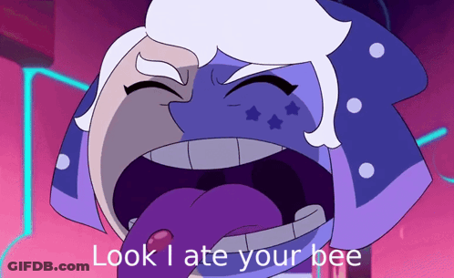 A Cartoon Character Says Look I Ate Your Bee With His Tongue Out GIF
