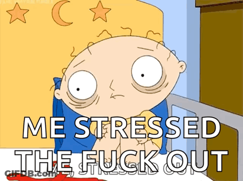 A Cartoon Character Says " Me Stressed The Fuck Out " In Front Of A Bed GIF