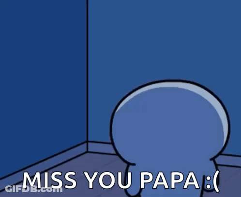 A Cartoon Character Says " Miss You Papa " While Standing In A Dark Room GIF