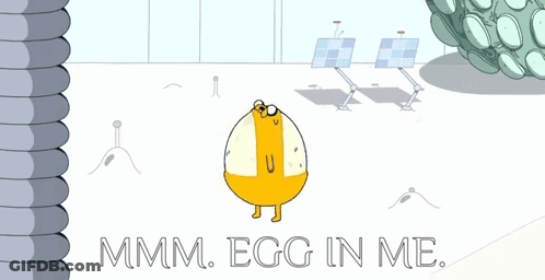 A Cartoon Character Says ' Mmmm Egg In Me ' On A White Background GIF