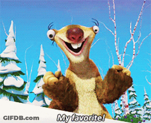 A Cartoon Character Says " My Favorite " In A Snowy Forest GIF