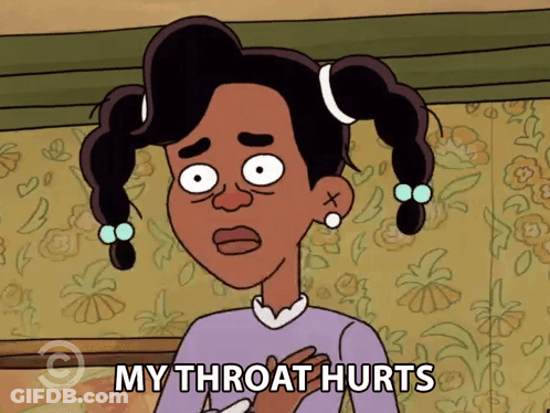 A Cartoon Character Says My Throat Hurts In Front Of A Floral Wallpaper GIF