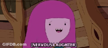 A Cartoon Character Says Nervous Laughter In Front Of A Wooden Structure GIF