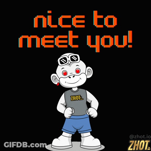 A Cartoon Character Says Nice To Meet You With A Black Background GIF