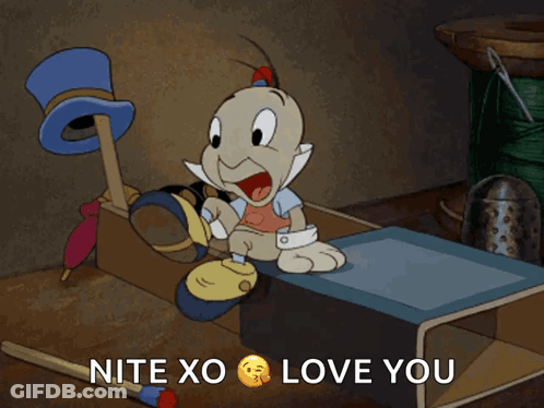 A Cartoon Character Says " Nite Xo Love You " On The Bottom GIF
