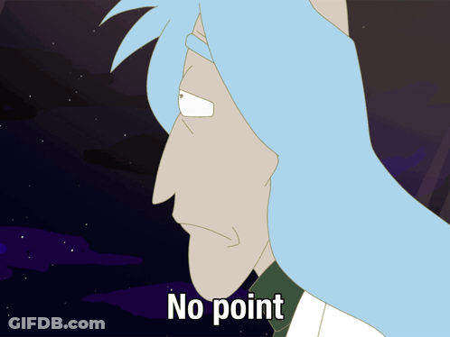 A Cartoon Character Says No Point In A Dark Background GIF