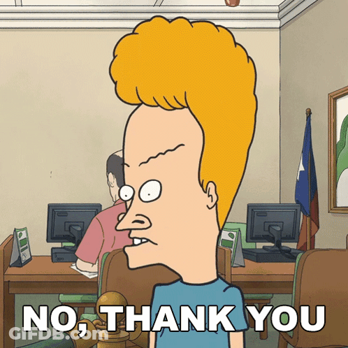 A Cartoon Character Says No Thank You In A Room GIF