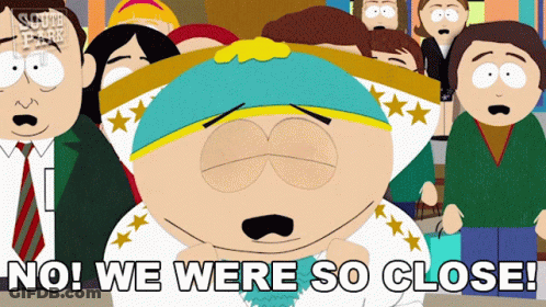 A Cartoon Character Says " No We Were So Close " In Front Of A Crowd GIF