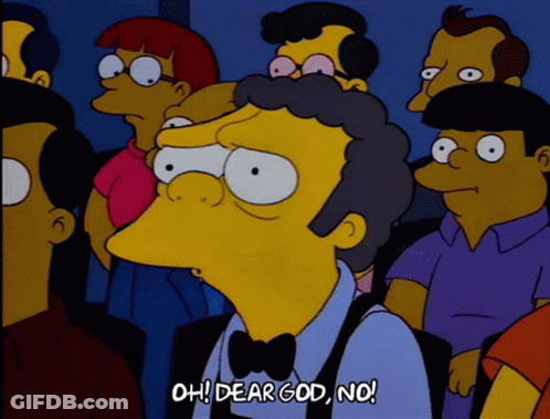 A Cartoon Character Says Oh Dear God No In Front Of A Crowd Of People GIF