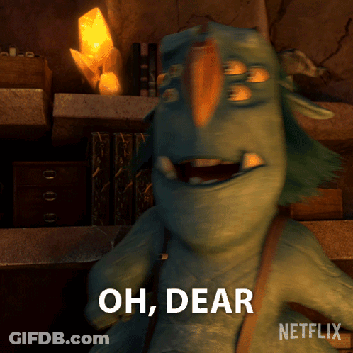 A Cartoon Character Says Oh Dear In Front Of A Bookshelf GIF
