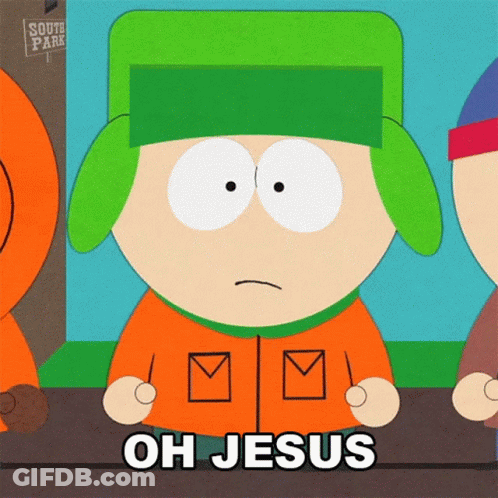 A Cartoon Character Says Oh Jesus In Front Of A South Park Sign GIF