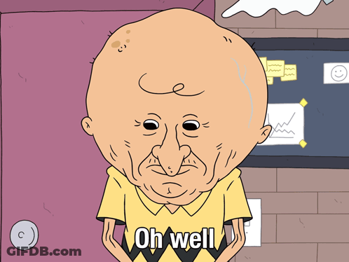 A Cartoon Character Says Oh Well In Front Of A Wall With Sticky Notes GIF