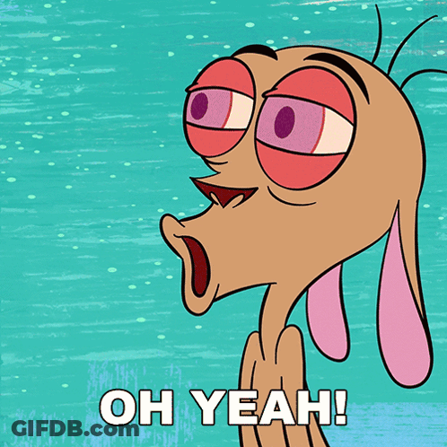 A Cartoon Character Says " Oh Yeah " In Front Of A Blue Background GIF