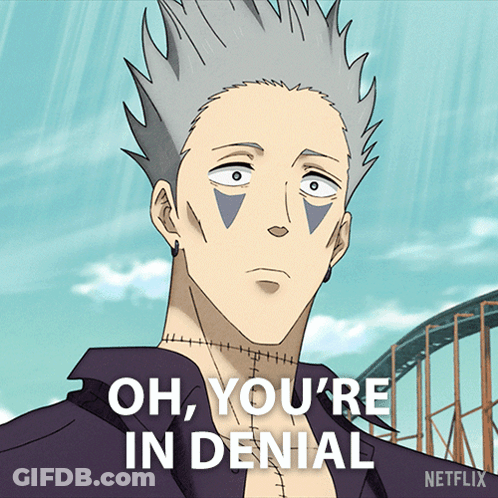 A Cartoon Character Says Oh You 'Re In Denial In Front Of A Roller Coaster GIF