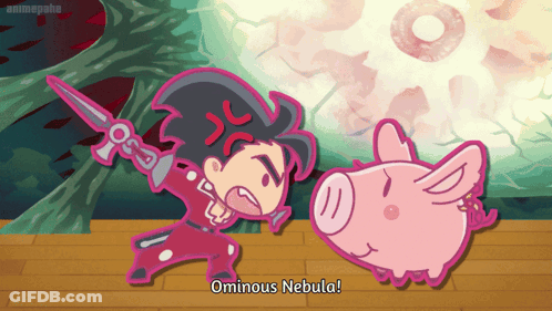 A Cartoon Character Says Ominous Nebula In Front Of A Pink Pig GIF