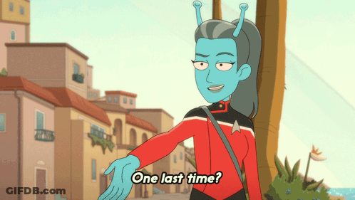 A Cartoon Character Says One Last Time In Front Of Buildings GIF
