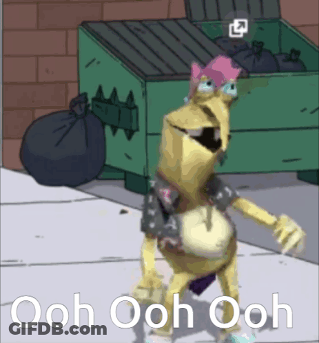 A Cartoon Character Says Ooh Ooh Ooh In Front Of A Trash Can GIF