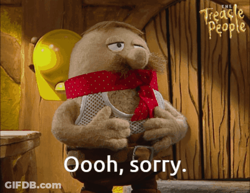 A Cartoon Character Says Oooh Sorry In Front Of A Hard Hat GIF