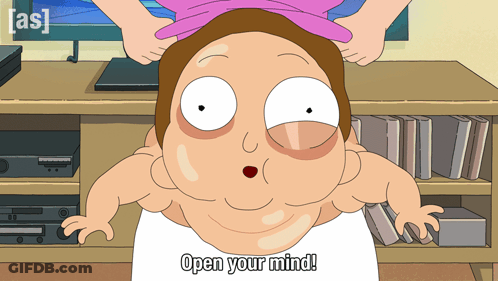 A Cartoon Character Says " Open Your Mind " In Front Of A Bookshelf GIF