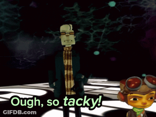 A Cartoon Character Says Ough So Tacky In A Dark Room GIF
